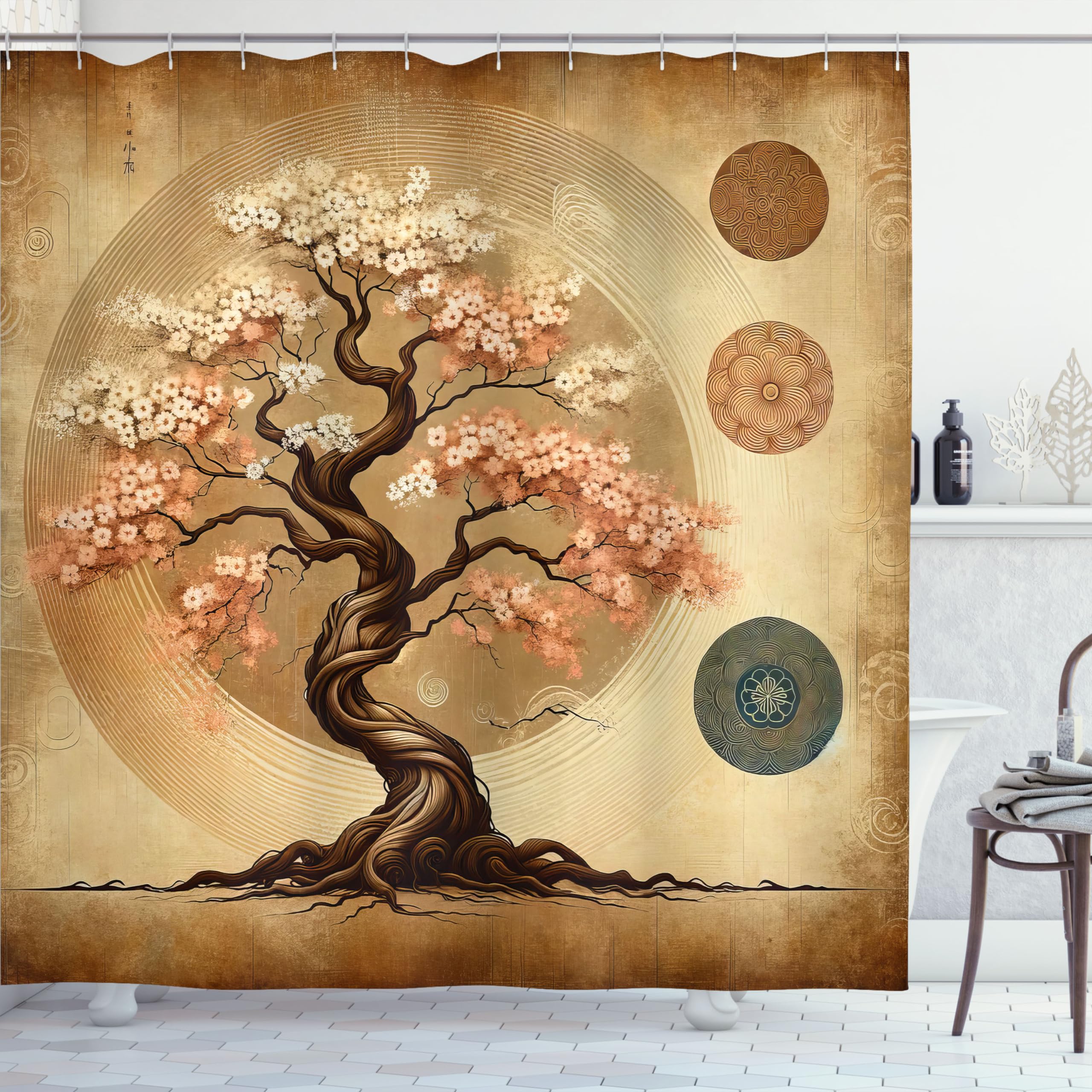 Ambesonne Brown Shower Curtain, Ethnic Weathered Style Spring Tree Japanese Garden Rustic Folkloric Motif, Cloth Fabric Bathroom